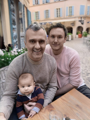 Uncles Nico (left) and Jamie (right) having breakfast in the South of France with Baby Hugo, the son of our friends Julia and Thibaut