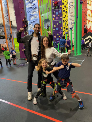 Zac went indoor rock climbing with his sister and her kids on a rainy day.