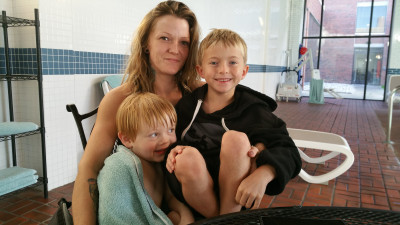 Swimming at the hotel pool with Ashley, Parker's birthmom.