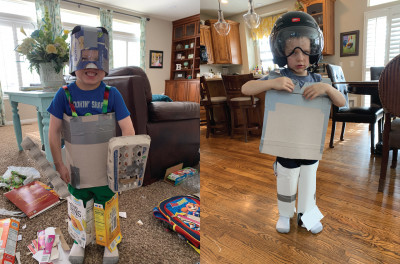 Our boys love to take recycled cereal boxes and egg cartons and make armor or robot costumes or ... anything!