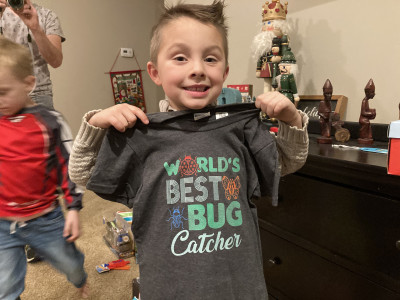 His all time favorite thing in life is bugs! His birth family gave him this shirt for his last birthday.