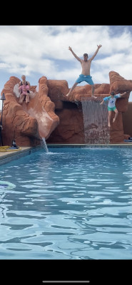 Bryce’s sister has a home in Southern Utah and it is the funnest place to visit. The kids, that includes Bryce, love to jump off the waterfall and go down the slide. They play all day and have so much fun. 